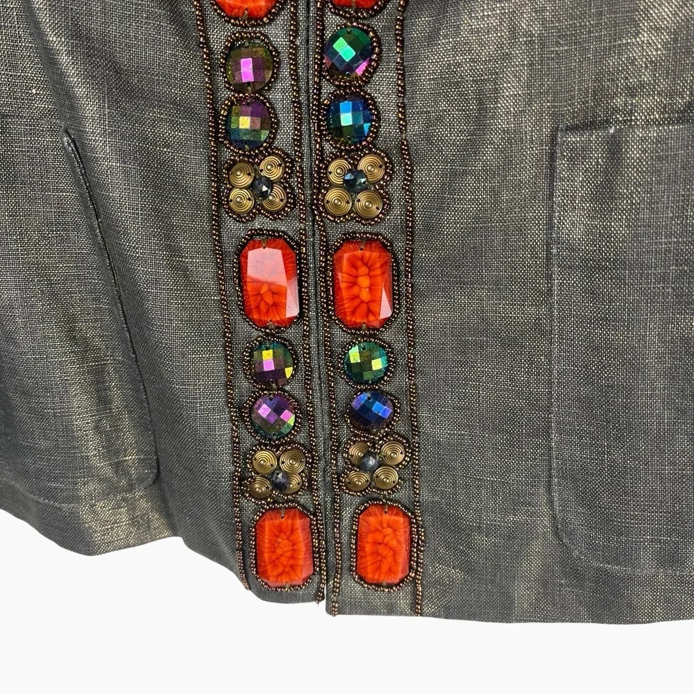 Boston Proper Linen Jacket 3/4‎ Sleeve Blazer Metallic Gold Brown Beaded Sz 10